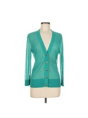 Tory Burch Simone Teal Green Cardigan Gold Logo Embossed Button Sweater M NWT